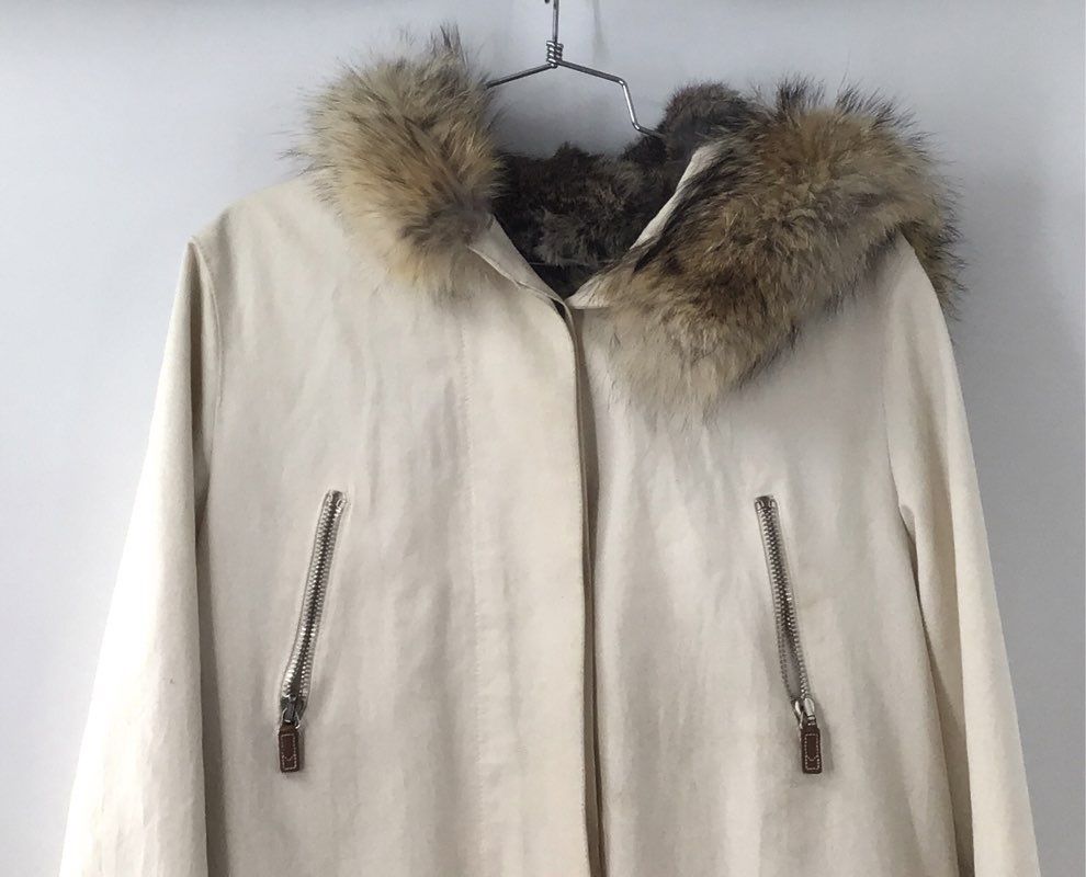 Vintage Women's Rabbit Fur Lined Parka Coat Cream Hooded Real Fur Trim USA L