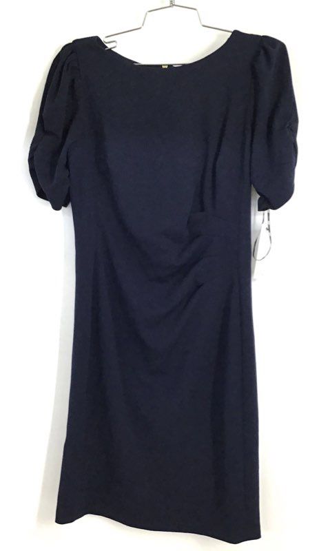 DKNY Women's Navy Blue Ruched Sheath Dress Short Puff Sleeve Gold Zip Sz 4 NWT