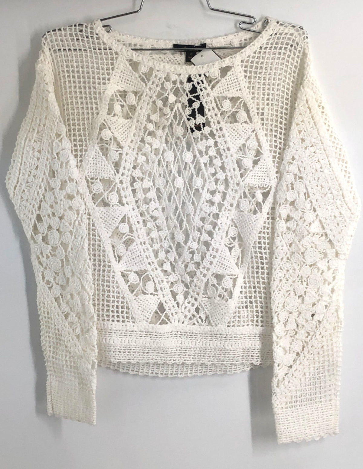 Ella Moss Women's White Open Knit Crochet Sweater Boho Long Sleeve Sz XS NWT