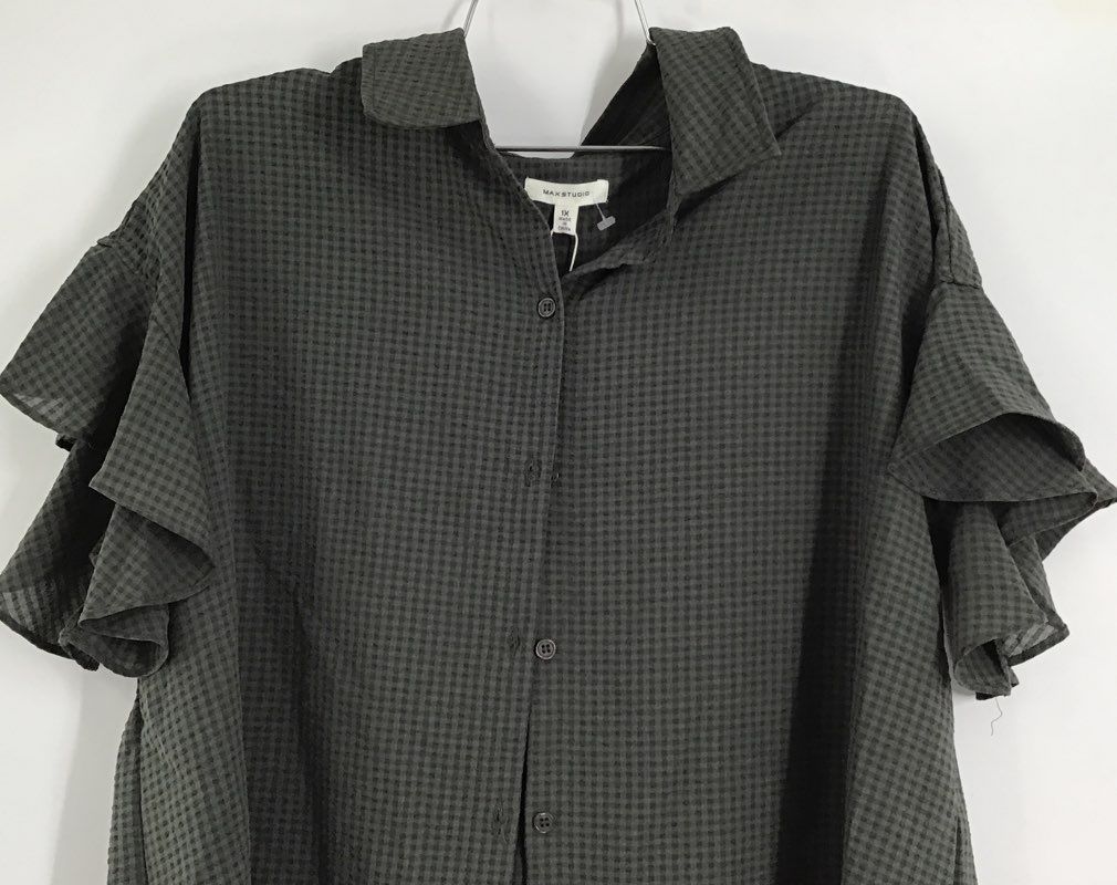 NWT Max Studio Women&#39;s Gray Check Flutter Sleeve Button-Up Shirt - Size 1X