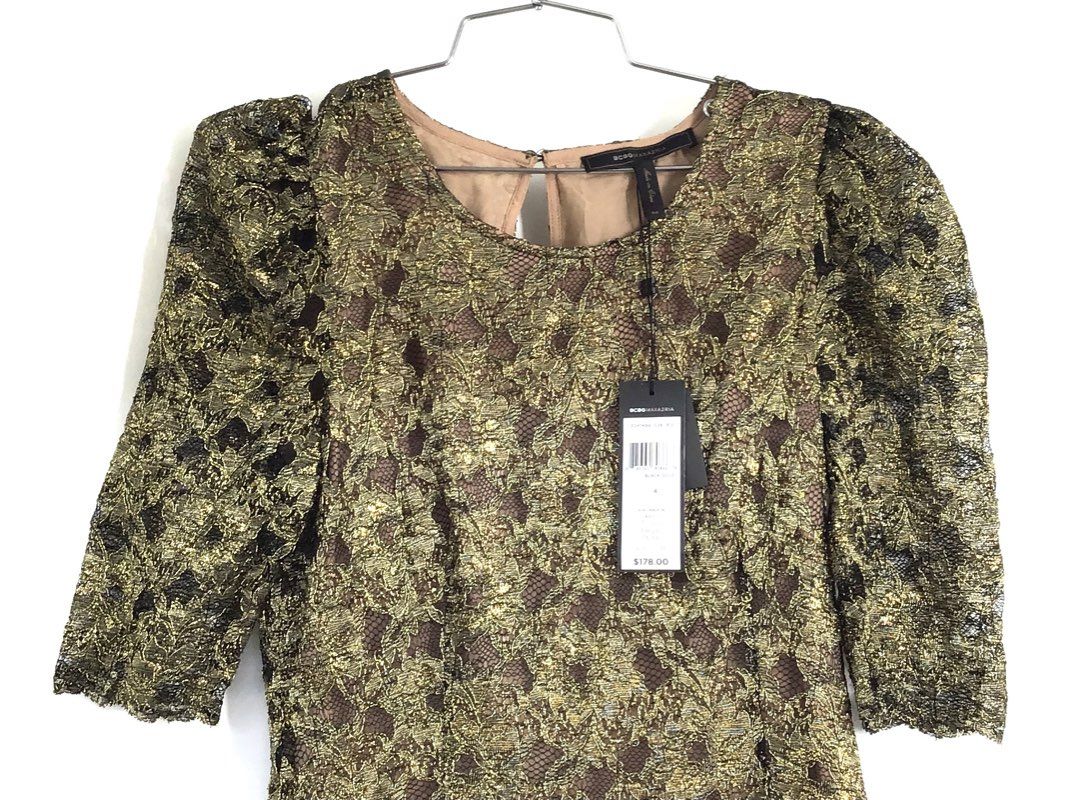 BCBG Maxazria Women's Black Gold Lace Peplum Puff Sleeve Blouse Sz 4 NWT