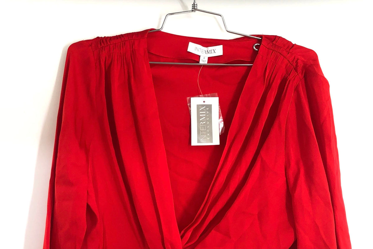 Intermix Women's Dawn Knot Front Silk Blouse Red Coral Deep V-Neck NWT Sz 4