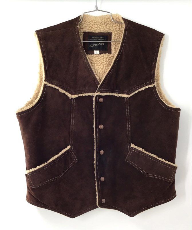Vintage 70s JCPenney Men's Brown Suede Leather Sherpa Lined Western Vest Sz L