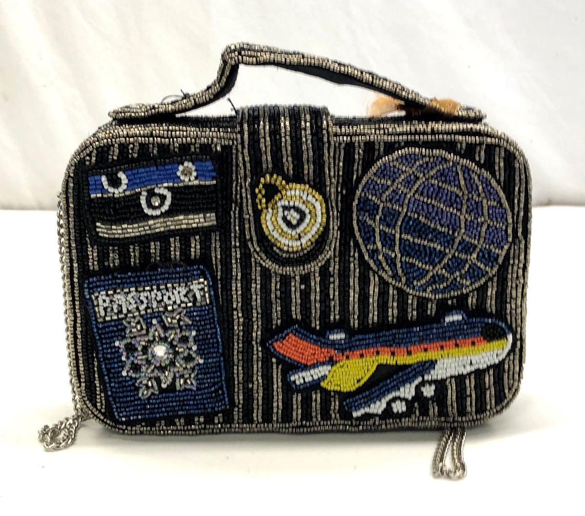 Black Silver Travel The World Beaded Artisan Box Handbag NWT Crossbody Bag