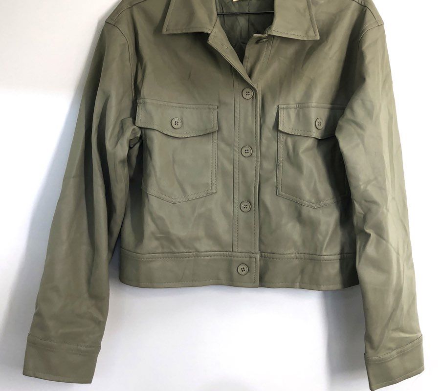 ILLA ILLA Women's Sage Green Faux Leather Cropped Trucker Jacket Sz S