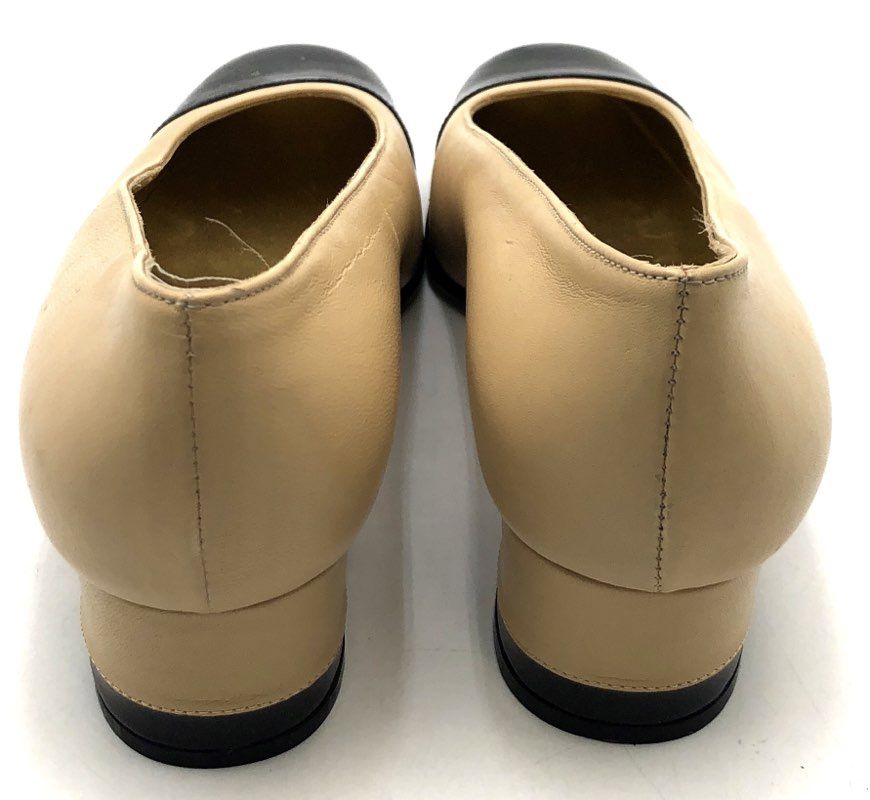 Bruno Magli Beige Black Cap Toe Low Block Heel Leather Pumps Size 7.5 B