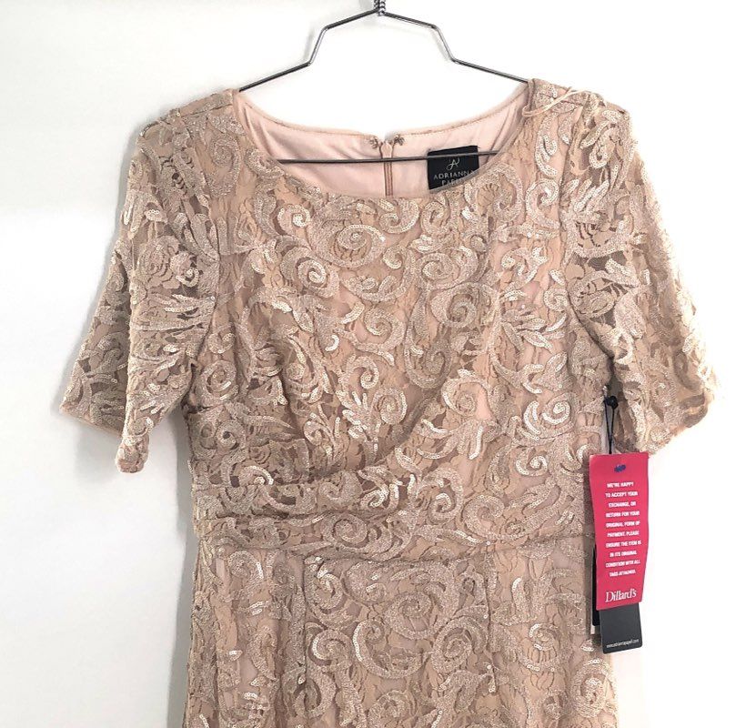 Adrianna Papell Women's Blush Sequin Lace Gown Short Sleeve Maxi Dress Sz 4 NWT