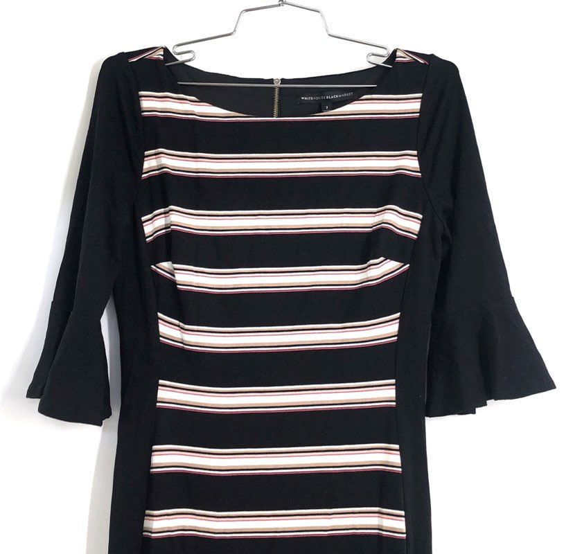 White House Black Market Women's Striped Bell Sleeve Flippy Hem Dress Sz 2 NWT
