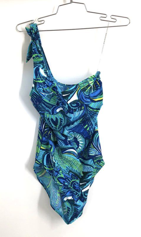 Skinnydippers Women's Flapjack One Piece Swimsuit Blue Multi One Shoulder NWT M