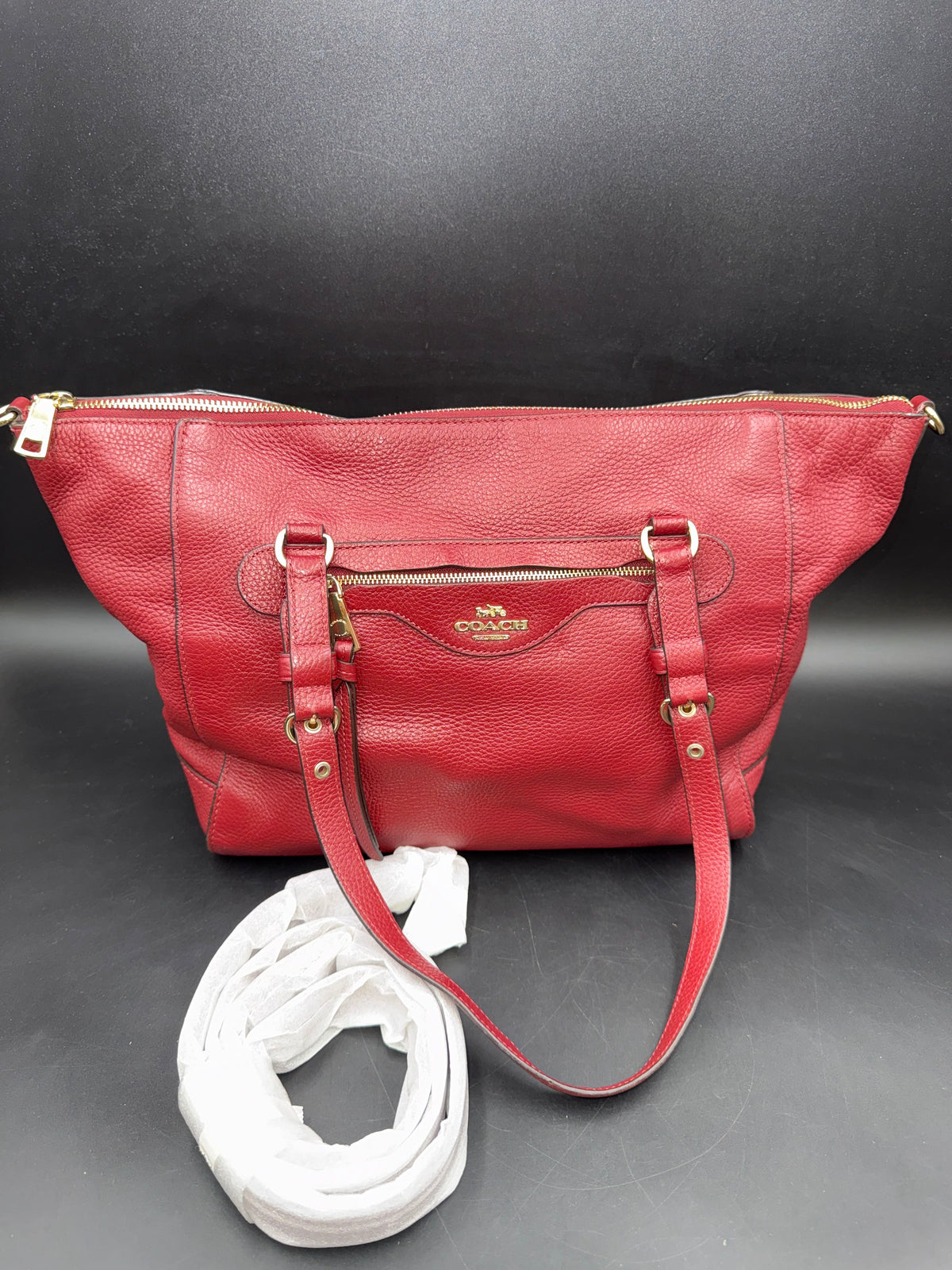 Coach Red Pebbled Leather Katy Satchel Crossbody Handbag Gold Hardware COA