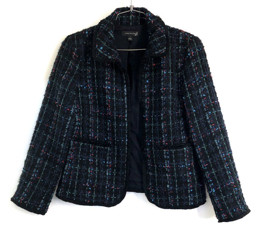 Ann Taylor Women's Black Multi Tweed Textured Open Front Jacket Pockets Sz 0