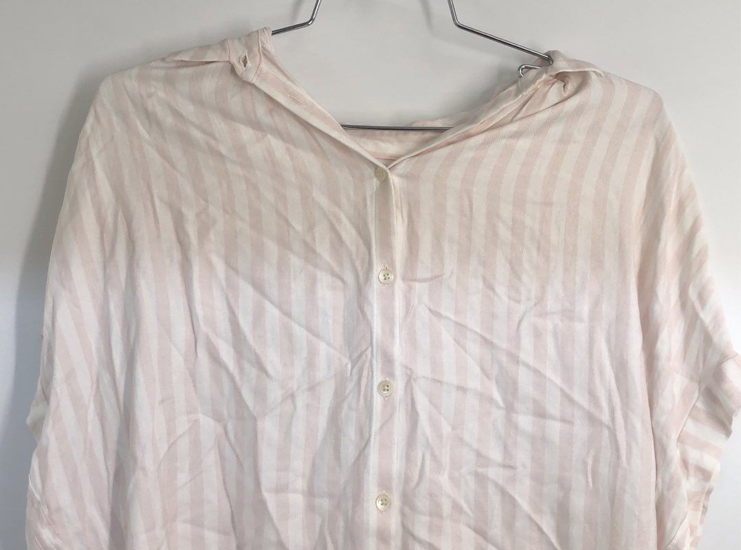 Madewell Women's Pink White Striped High Low Short Sleeve Button Up Shirt Sz XS