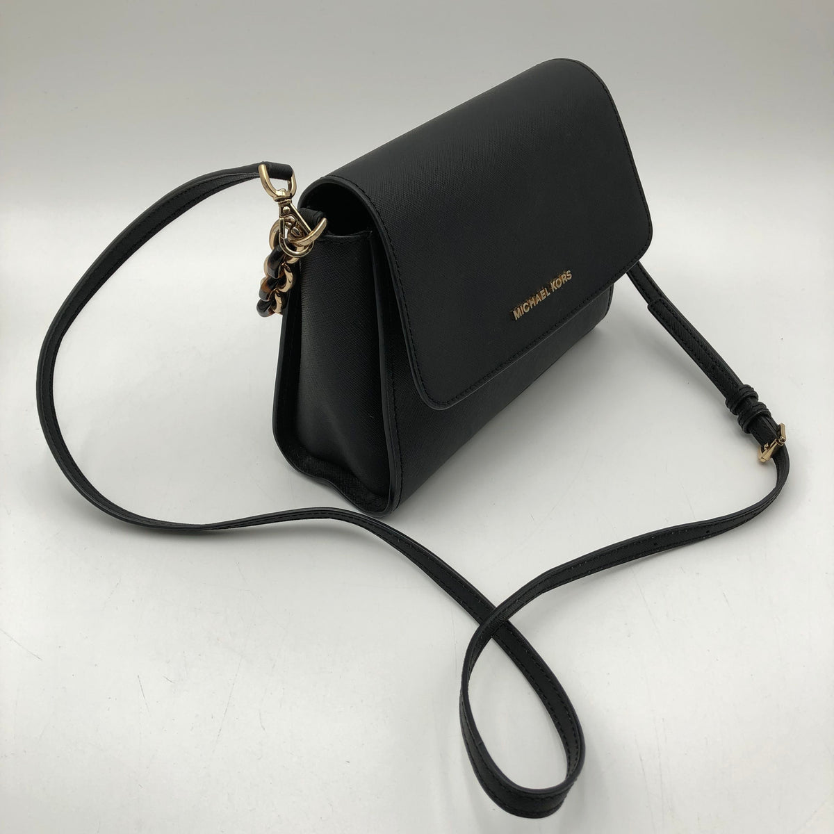 Michael Kors Black Lea Jet Set Crossbody Bag Gold Tortoise Hardware COA