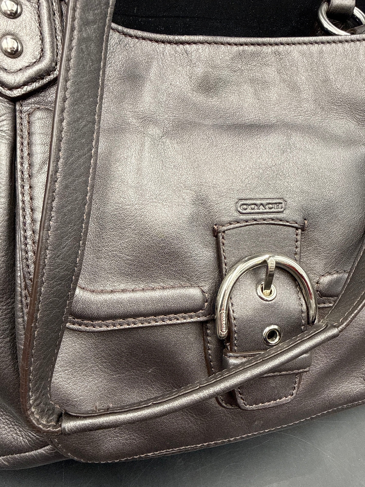Coach Metallic Leather Park Metro Shoulder Bag Pewter Silver F24361 COA