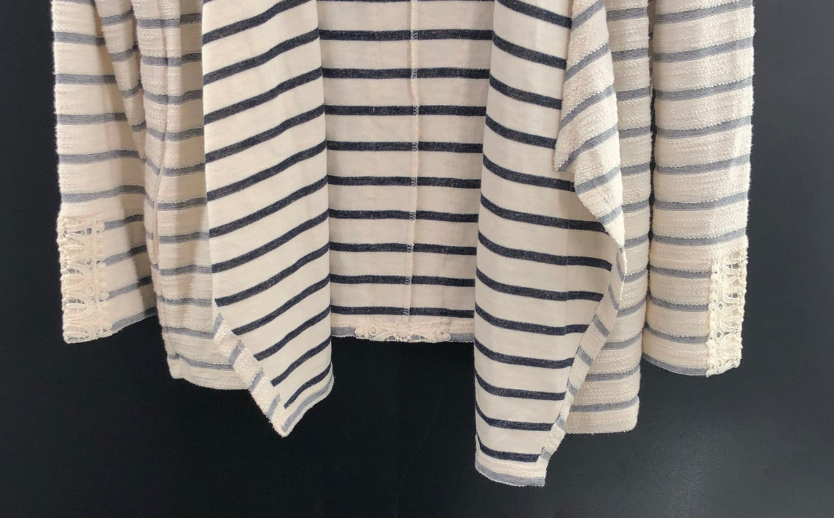Dressbarn Sunday Women's Striped Hooded Cardigan Crochet Lace Back Sz L NWT