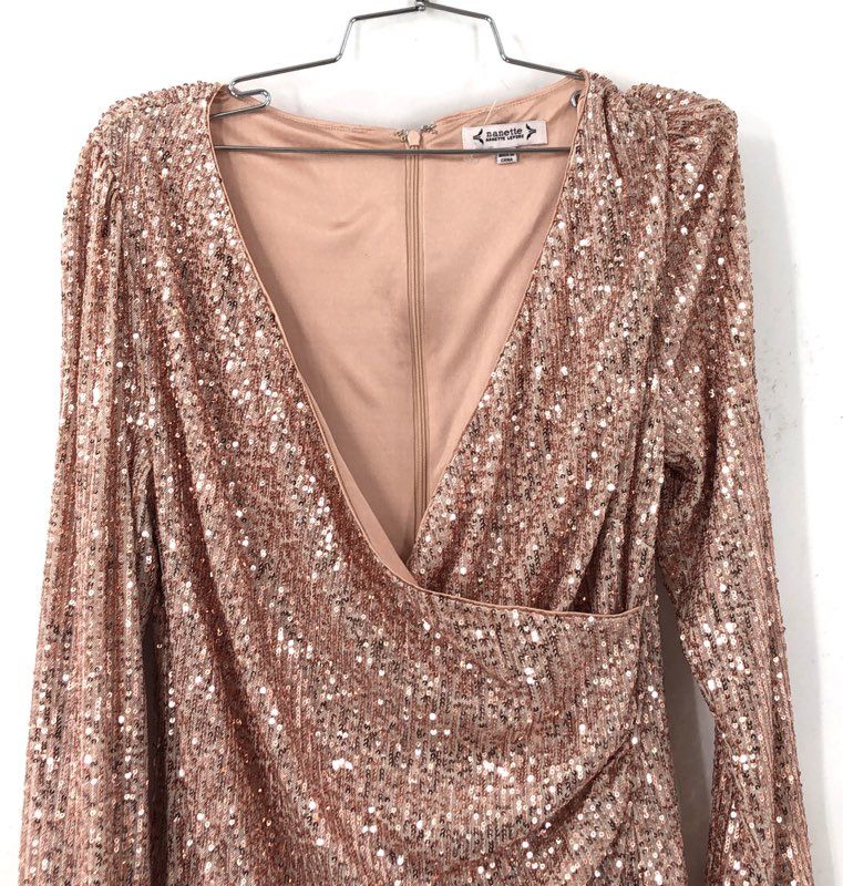 Nanette Lepore Women's NWT Rose Gold Sequin Faux Wrap Cocktail Dress Sz 10