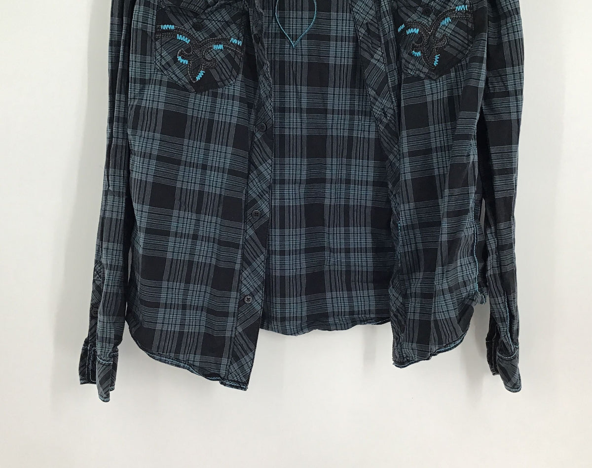 Rock Revival Men&#39;s Black Gray Plaid Button-Up Shirt - Size Large