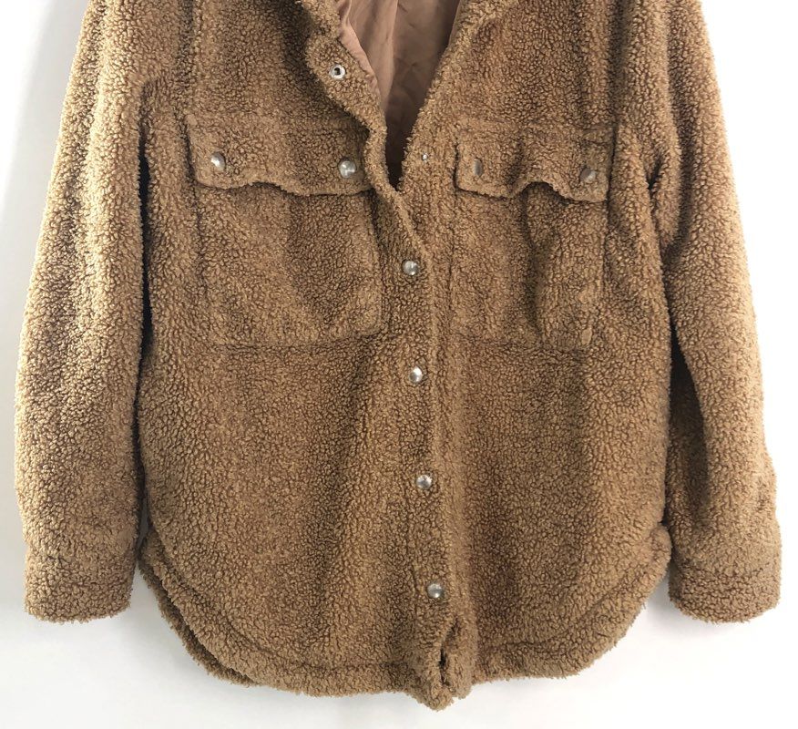 [BLANKNYC] Women's Tan Teddy Sherpa Shacket Jacket Woah Nelly Snap Front Sz XS