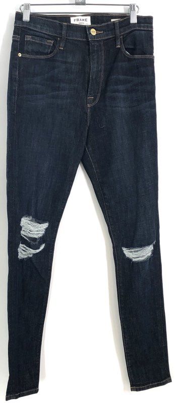 FRAME Women's Ali High Rise Skinny Jeans Dark Blue Distressed Knee Rips Sz 28