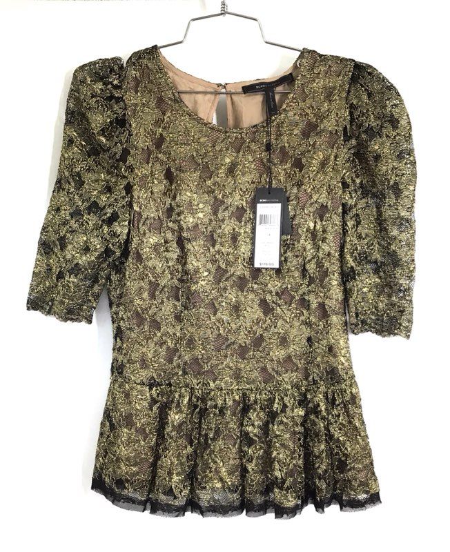 BCBG Maxazria Women's Black Gold Lace Peplum Puff Sleeve Blouse Sz 4 NWT