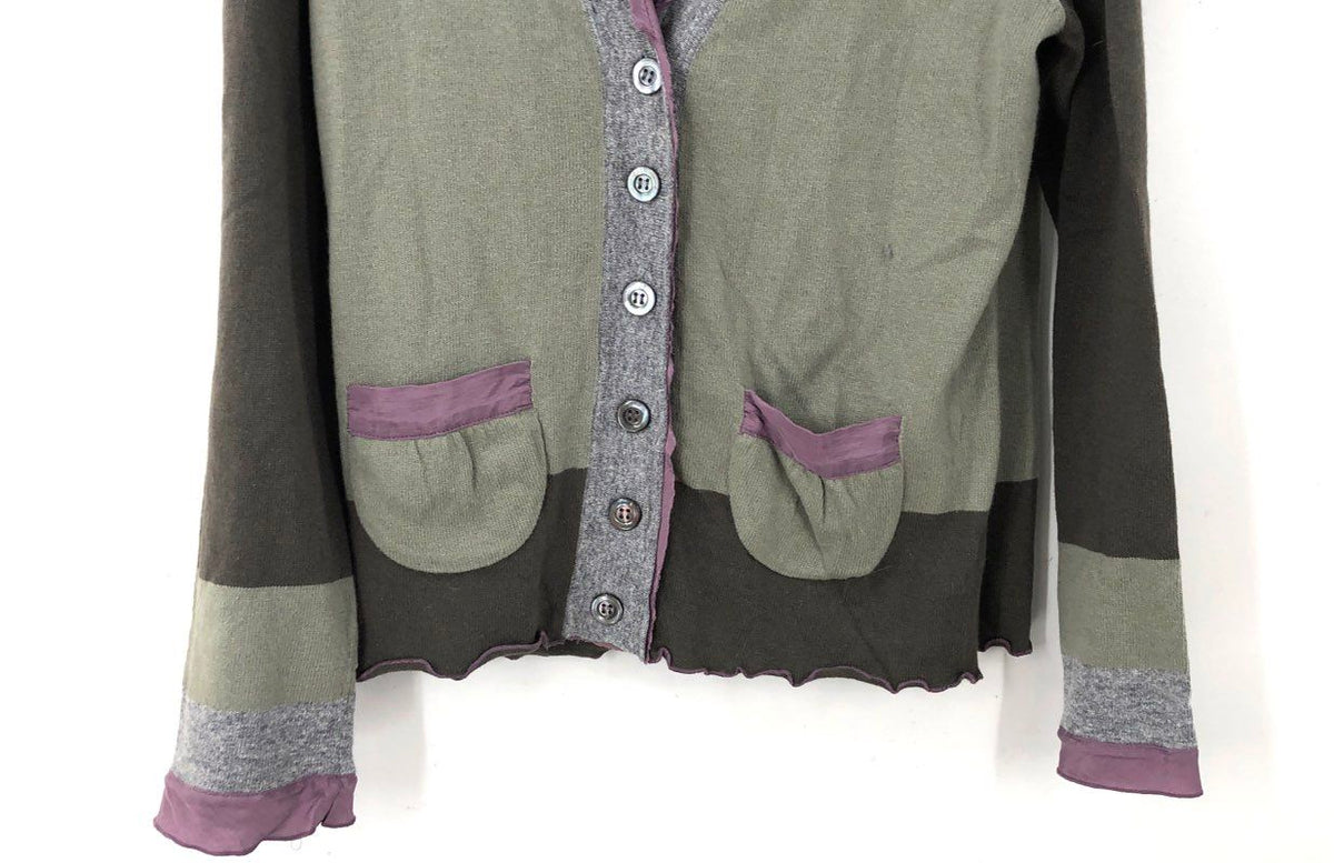 Jigsaw Women's NWT Y2K Patchwork Cardigan Sweater Green Brown Silk Trim Size M