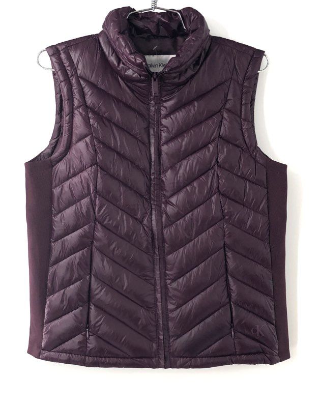Calvin Klein Women's Quilted Puffer Vest Passion Plum Chevron Stretch Side NWT S