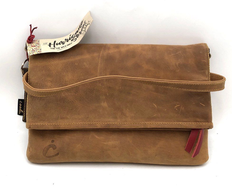 Cooks Tan Brown Leather Hurricane Series Foldover Clutch Crossbody Bag NWT