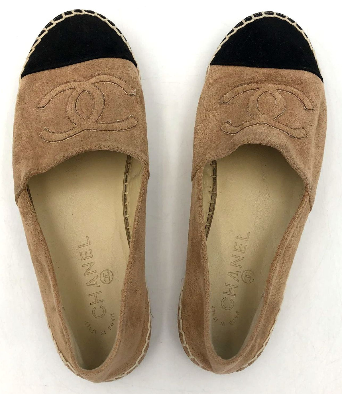 Chanel Inspired Women's Tan/Black Suede Cap Toe Espadrille CC Flats - Size 41