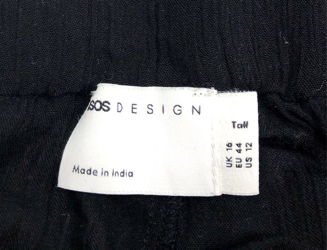 ASOS DESIGN Women's Black Tall Crinkle Wide Leg Paperbag Waist Pants Size 12