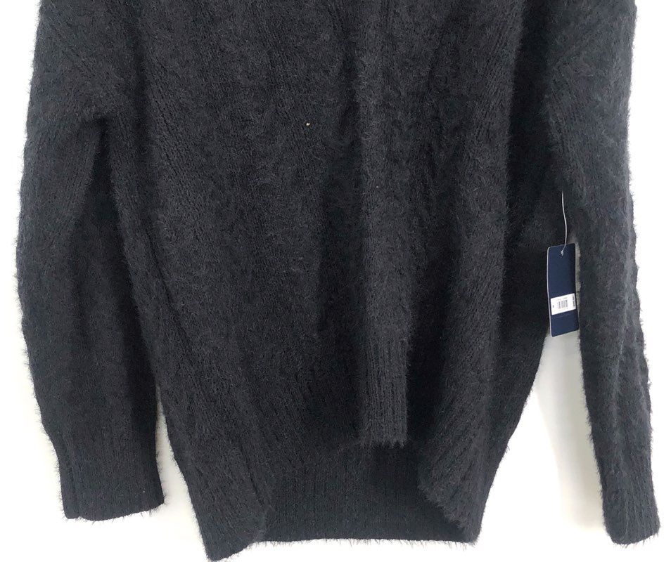 Lucky Brand Women's Black Fuzzy Cable Knit V-Neck Deep V-Back Sweater Sz M NWT