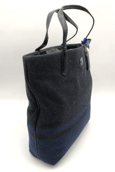 Coach Black Blue Signature Striped Wool North South Tote Bag COA F24665