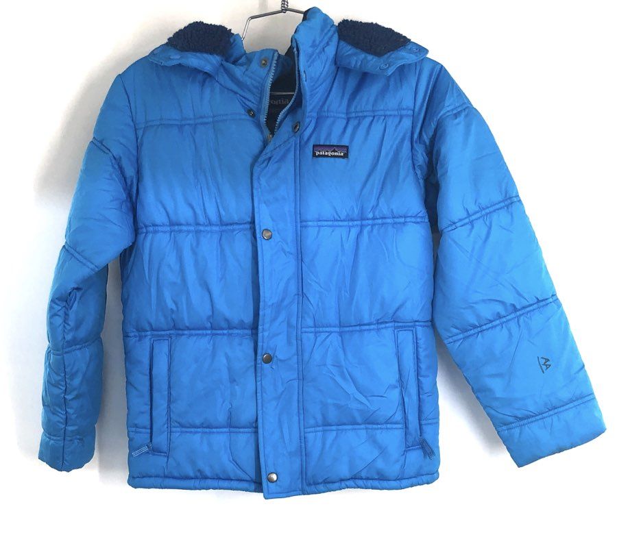 Patagonia Boys Blue Insulated Puffer Jacket Hooded Fleece Lined Sz M 10