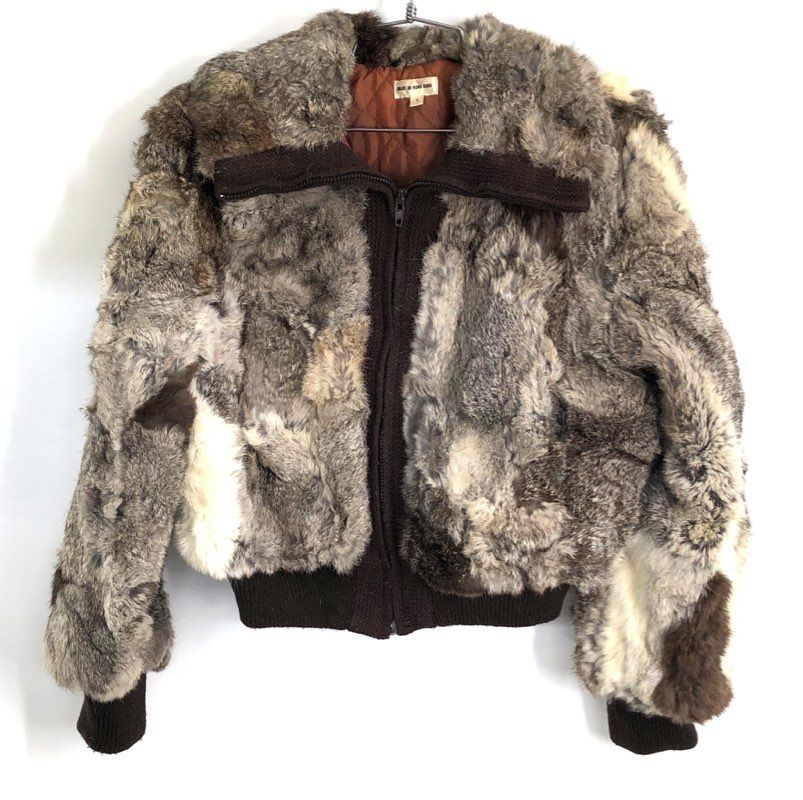 Vintage 80s Women's Rabbit Fur Bomber Jacket Brown Gray Knit Trim Sz L