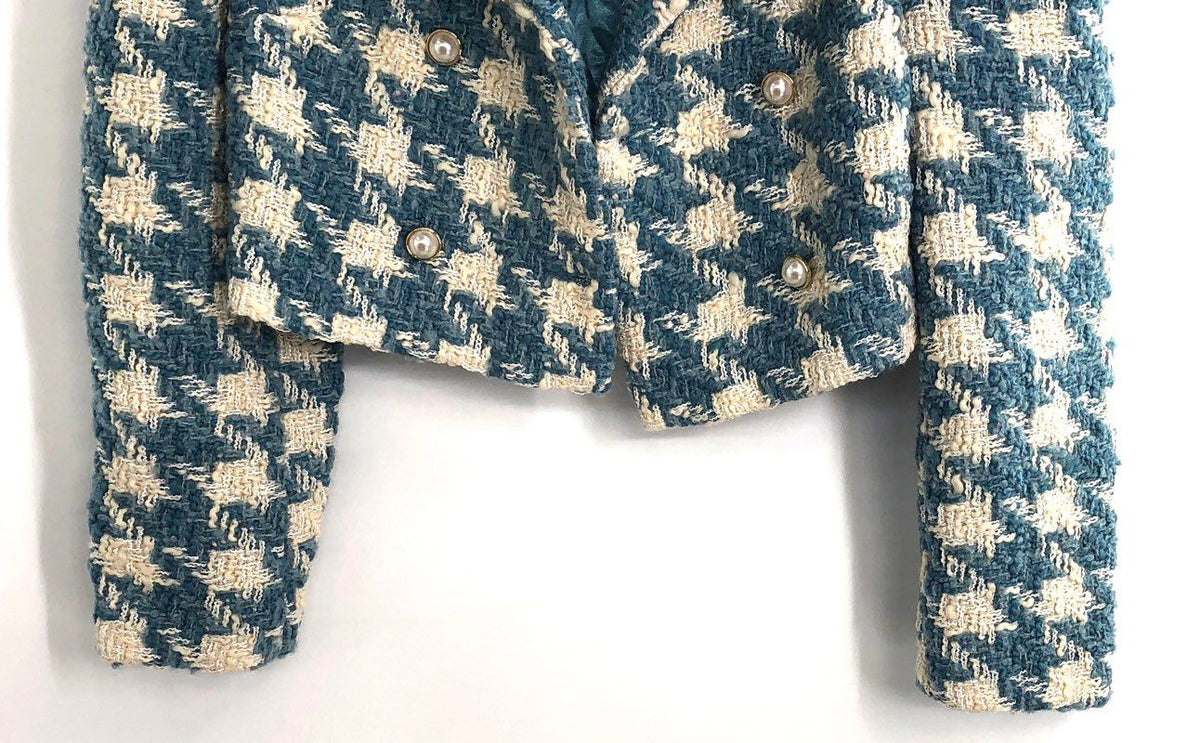 Miss Selfridge Women's Blue Houndstooth Cropped Pearl Button Jacket Sz 10 NWT