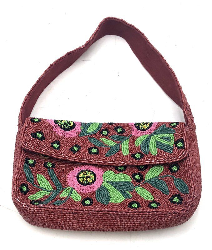 America Beyond Burgundy Beaded Floral Shoulder Baguette Bag Pink Green Small