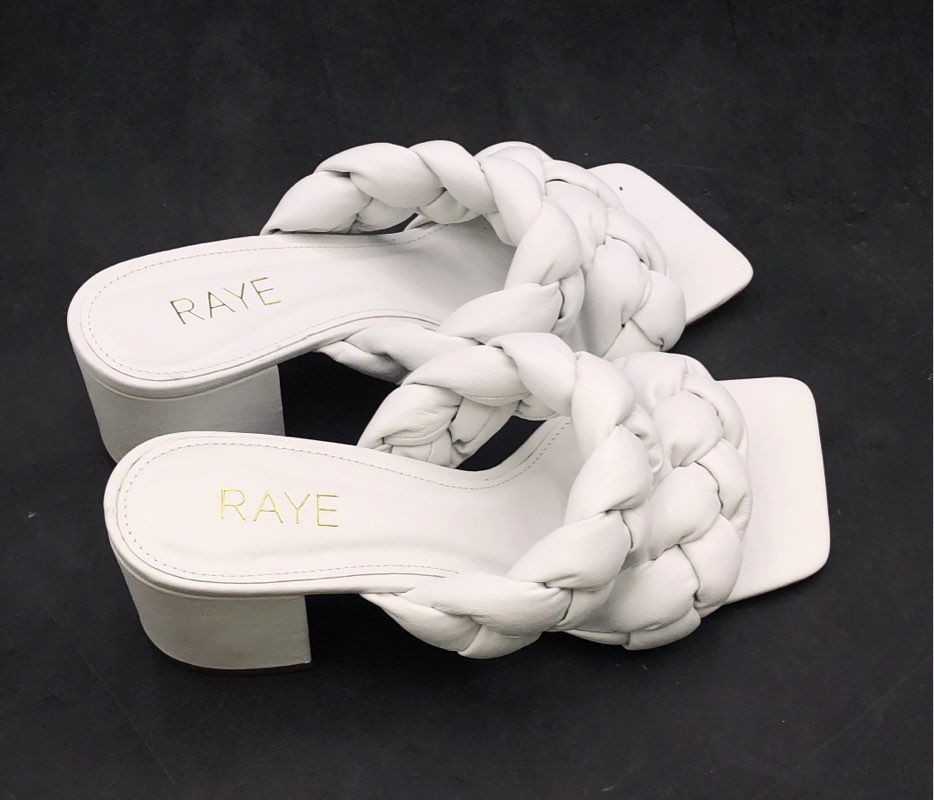 Raye White Leather Braided Double Strap Block Heel Square Toe Sandals Size 8