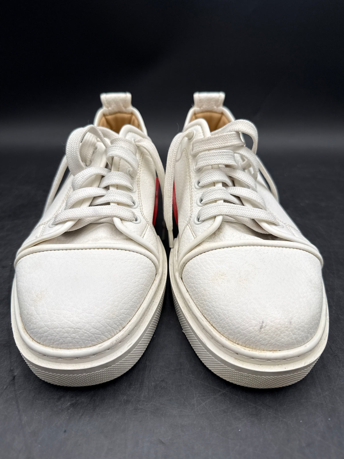 Red Sole Louboutin Style White Pebbled Leather Low Top Sneakers Men's Size 41