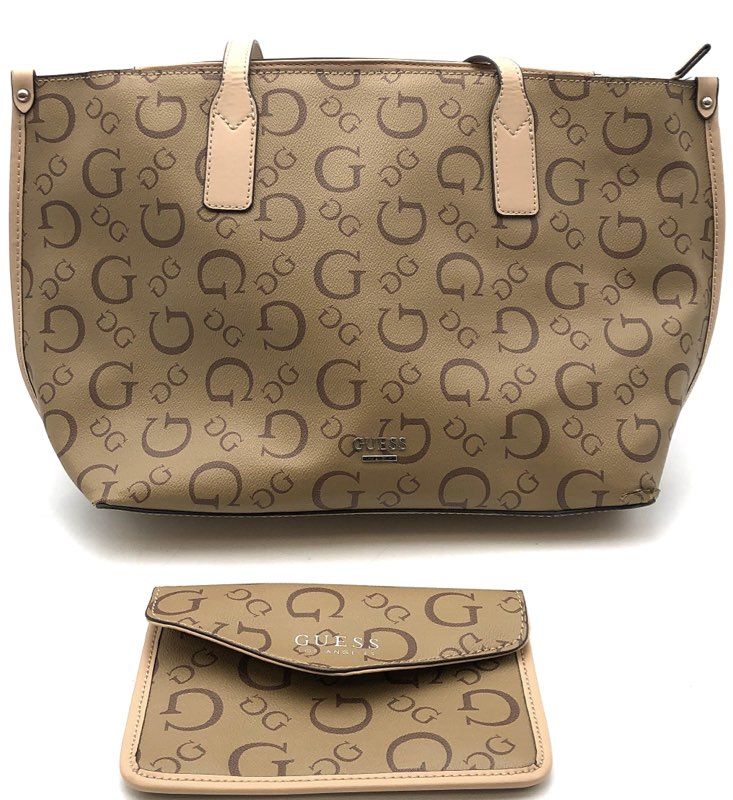 Guess Beige Brown Monogram G Logo Tote Bag Handbag with Matching Pouch Set