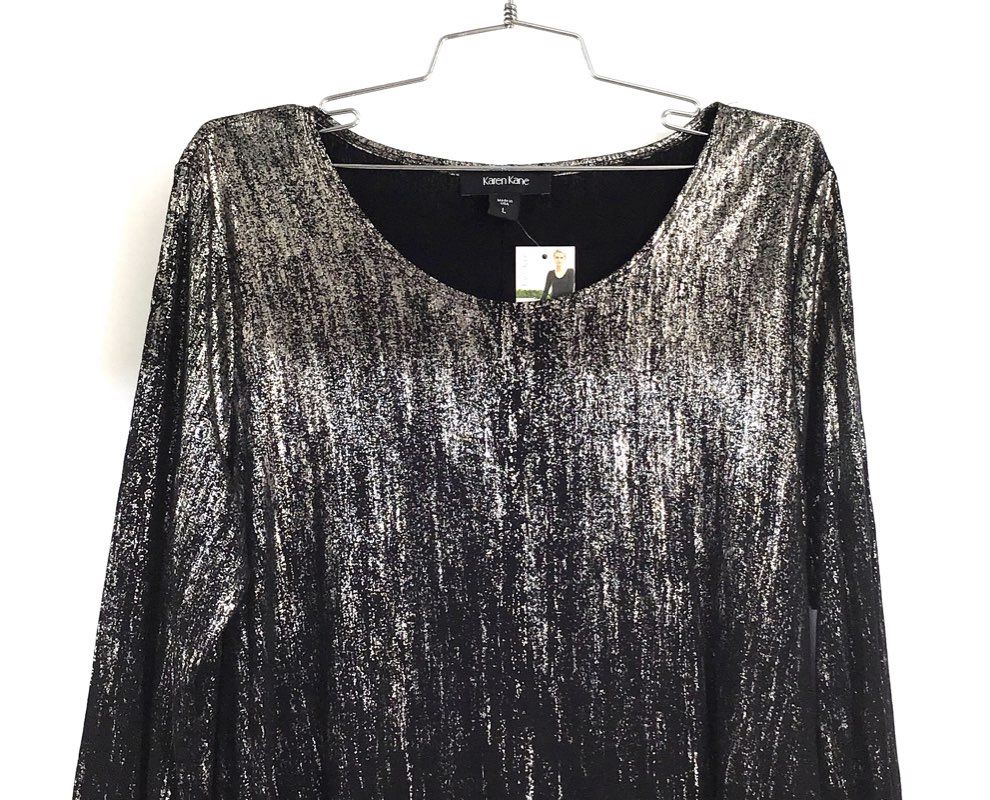 Karen Kane Women's Black Silver Metallic Ombre Holiday LS Dress Sz L NWT