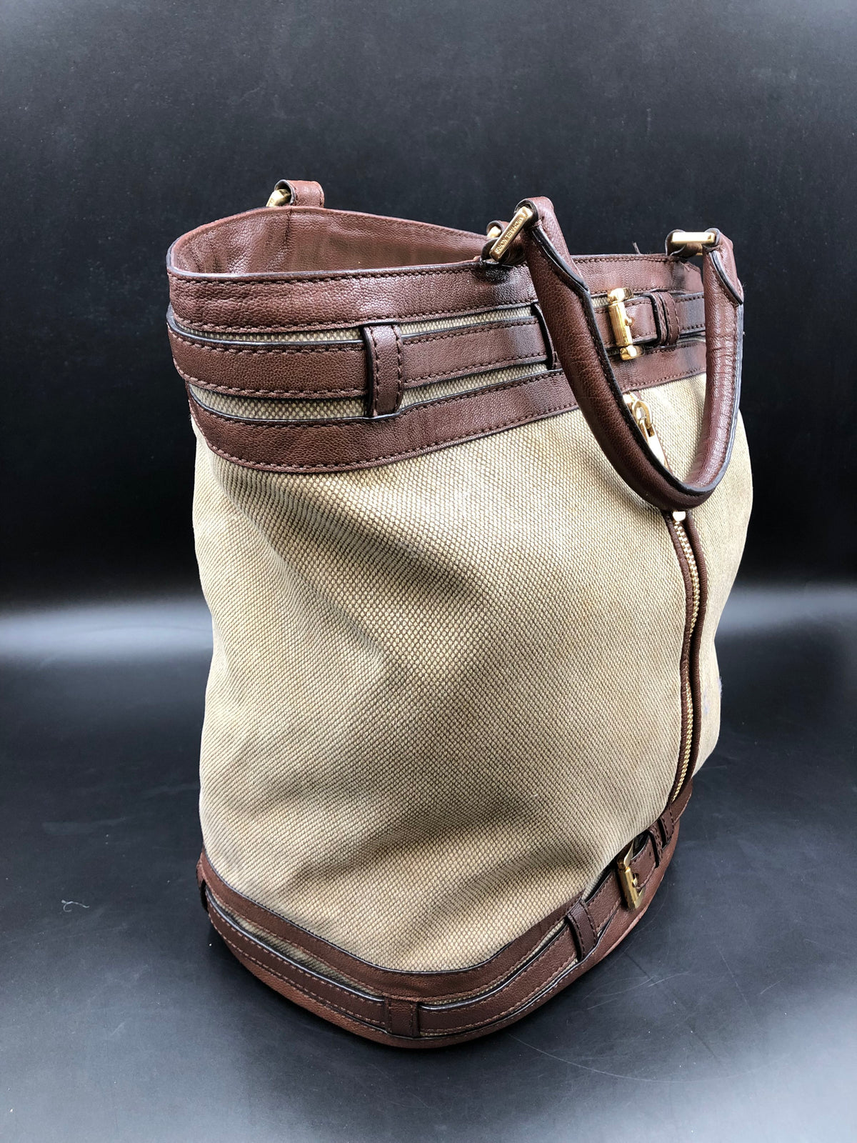 Vintage Michael Kors Brown Burlap Leather Chine Tote Bag Gold Hardware COA