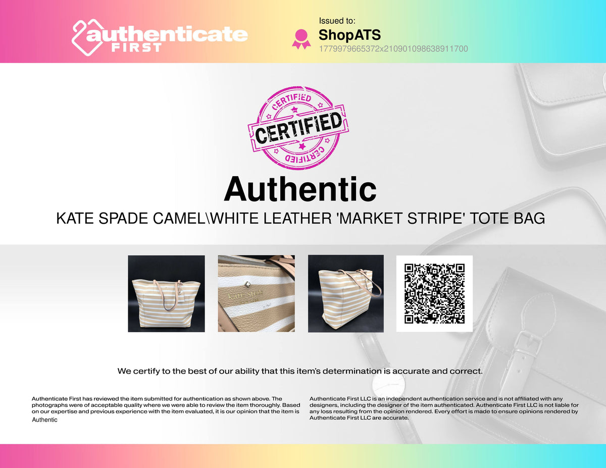 Kate Spade Camel Brown\White Leather 'Market Stripe' Tote Bag (+COA)