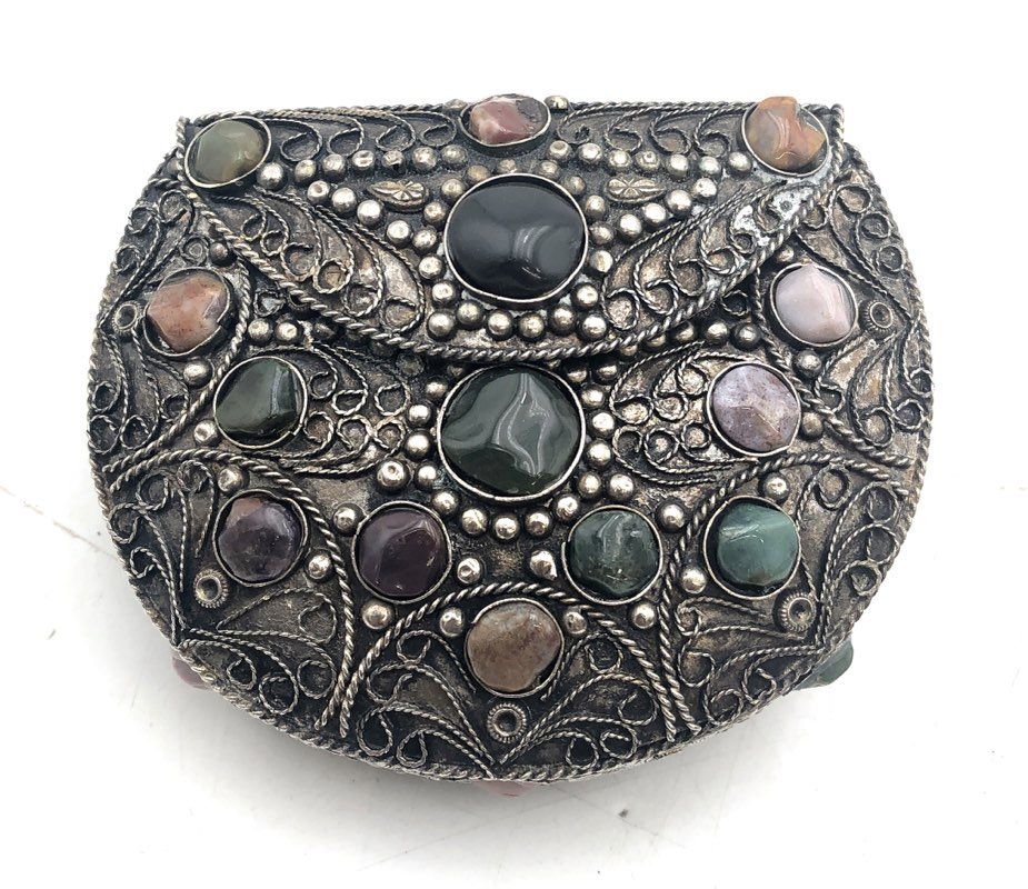 Vintage Sajai Handcrafted Metal Filigree Multi-Stone Evening Bag Crossbody