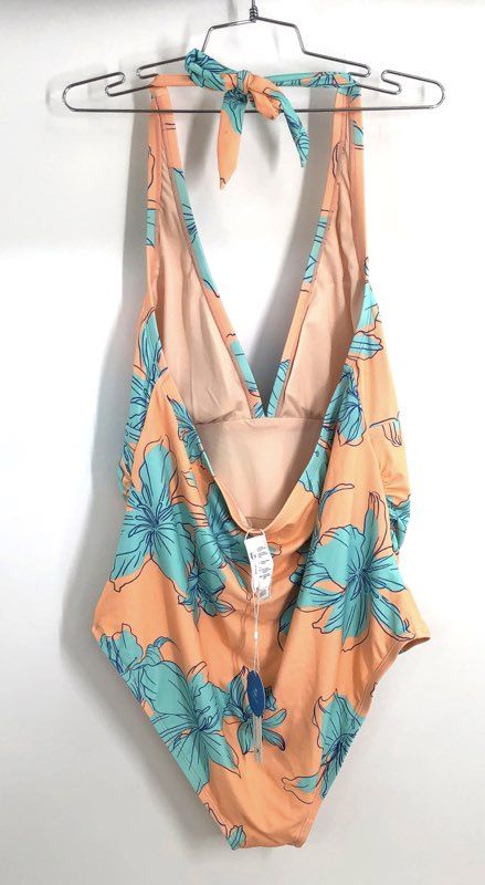 Cupshe Women's Peach Floral Tropical Halter V-Neck One Piece Swimsuit Sz 2X NWT