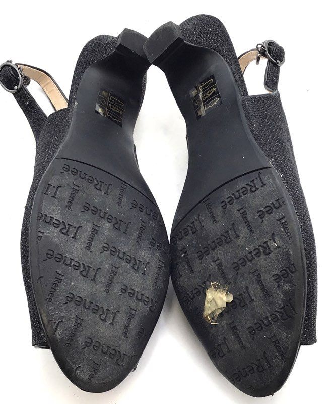 J.Renee Jenvey Black Glitter Peep Toe Slingback Kitten Heel Pumps Size 8.5