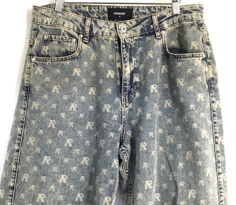 Represent Men's R3 Monogram Baggy Denim Blue Acid Wash Jeans Size 32
