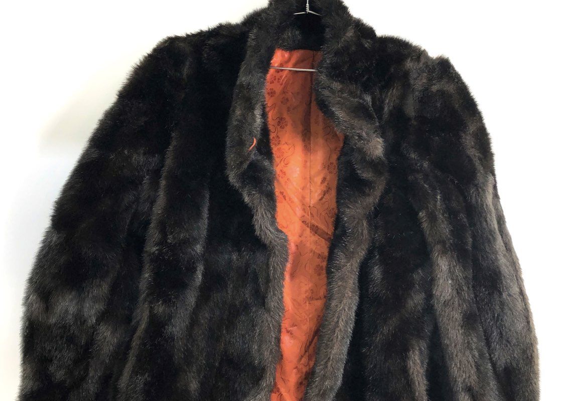 Vintage 90s Women's Dark Brown Faux Fur Coat Made in USA Floral Lining