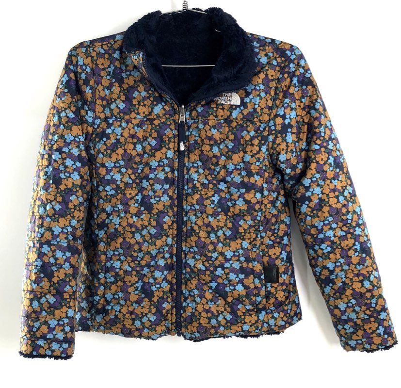 The North Face Girl's Mossbud Swirl Reversible Jacket Floral Navy Orange Sz M