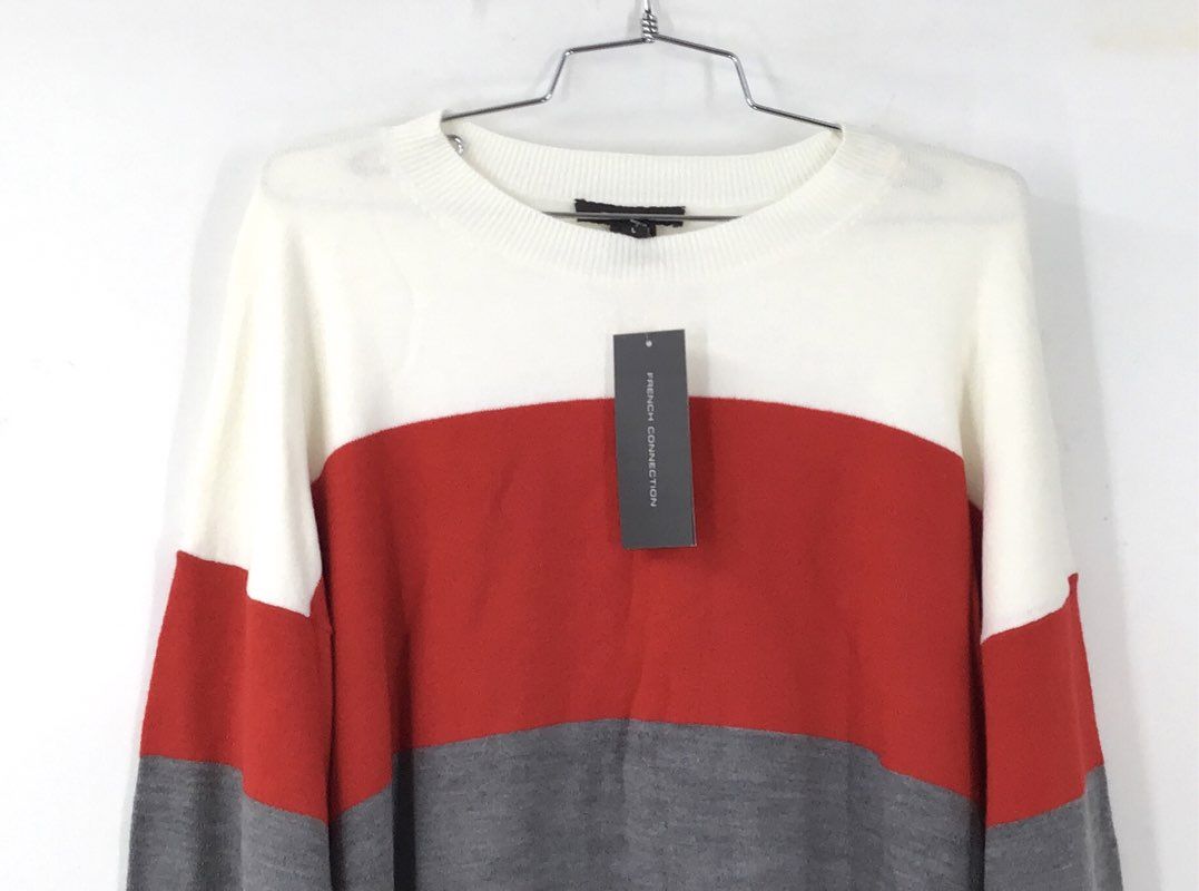 NWT French Connection Red Gray Colorblock Babysoft Stripe Sweater Men's L