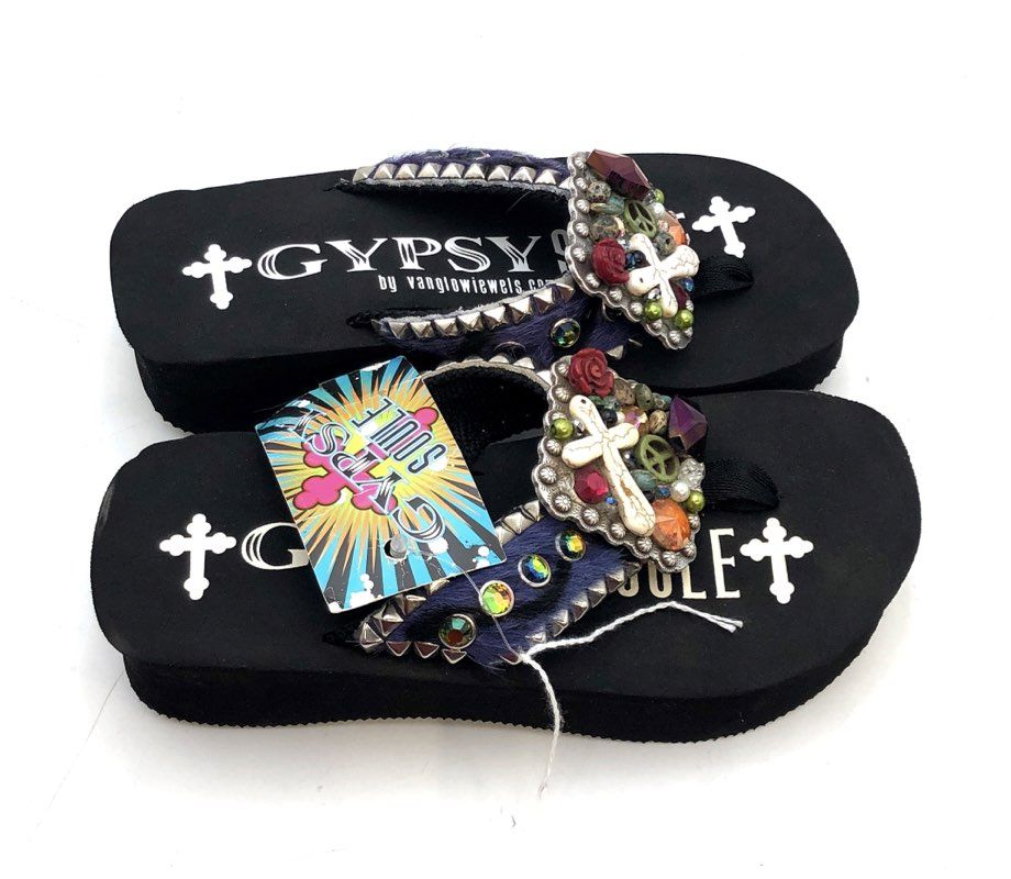 Gypsy Soule Rockz Black Purple Zebra Studded Wedge Sandals Women's Size 7 NWT