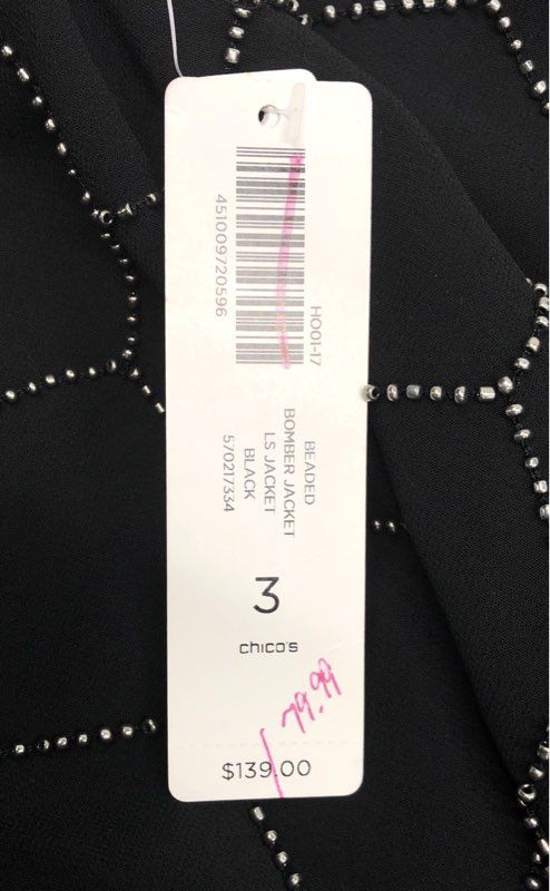 Chico's Women's Beaded Bomber Jacket Black Honeycomb Zip Front Sz 3 NWT